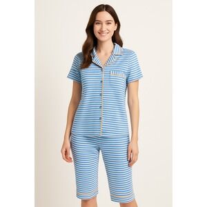 JOYSPOON Blue White Stripe Button‎ Up Pajama Set Women's Size S